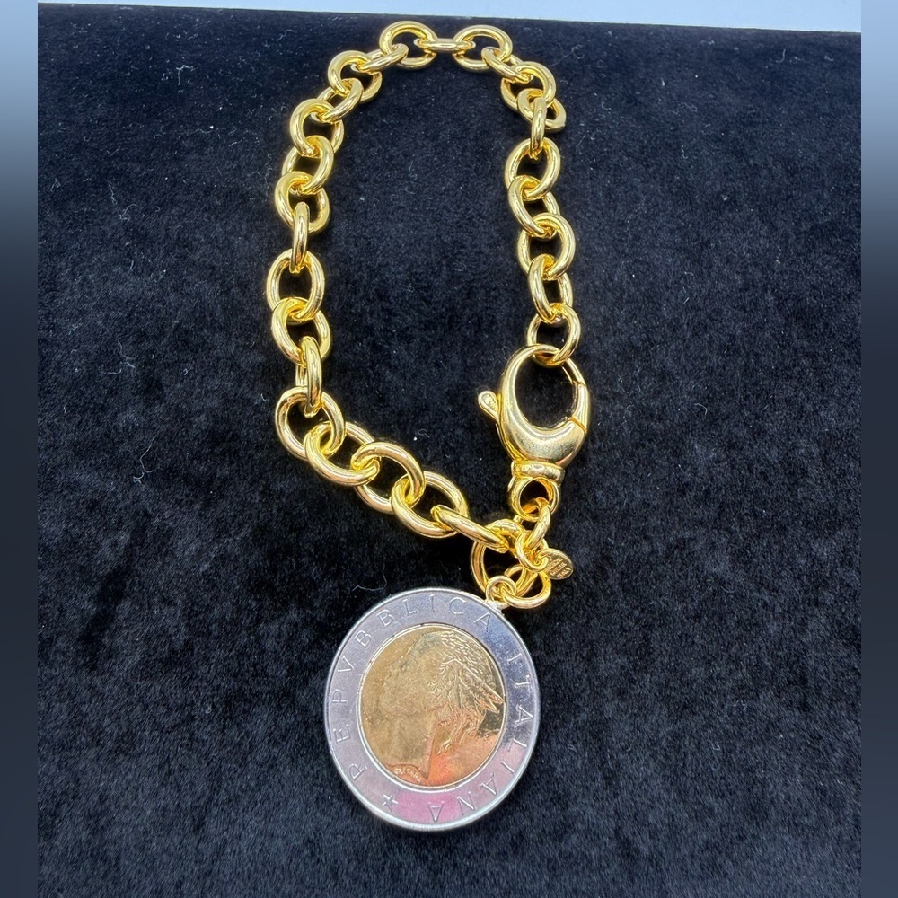 Milor Italy Gold Plated Bronze 500 Lire Coin Charm Bracelet 8.5” Chunky